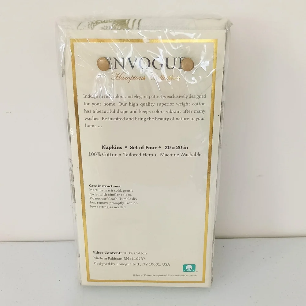 New Envogue Hamptons Collection 100% Cotton Napkins Set Of 4 Gold Leaf